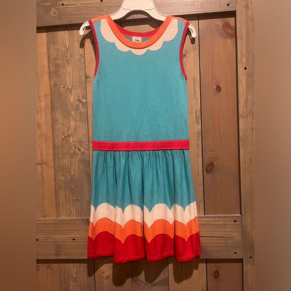 Mini Boden Girls Dress Sweater Knit Sleeveless Turquoise Orange 11-12 Years EUC
